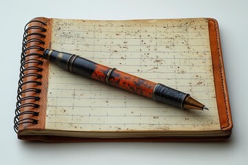 Vintage notebook leather cover old fountain pen antique stationery retro background classic education writing concept nostalgic mood