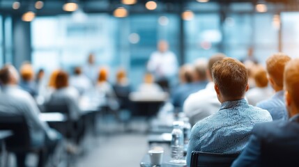 A large group of attentive participants listen intently during a presentation in a modern conference room.