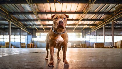 strong pit bull standing confidently in a large empty warehouse with soft lighting