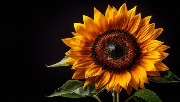 a close up of a vibrant sunflower with yellow petals and green leaves against a black background - Powered by Adobe