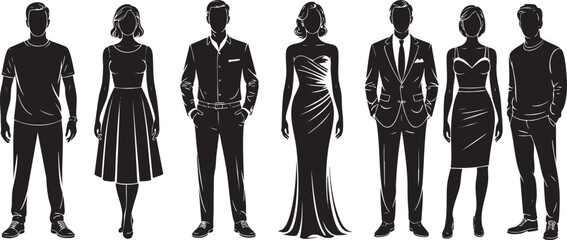 Silhouetted fashion models showcasing various clothing styles in black and white