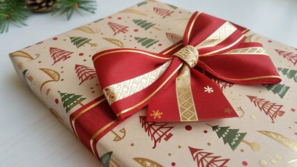 Wrapped Christmas gift box with red and gold bow in beige, green, and red colors representing holiday generosity and celebration