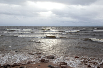 View of the coast in the strong wind of the Gulf of Finland in cloudy weather.