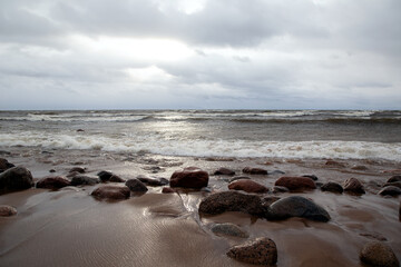 View of the coast in the strong wind of the Gulf of Finland in cloudy weather.