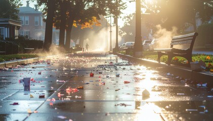 Bright sunlight illuminates a wet urban street with reflections and steam after a summer shower.