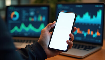 Person holds smartphone in hand. Laptop displays charts and graphs with data. Professional works with analytics and finance using digital devices and technology.