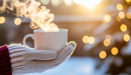 Hand in knitted glove holding a steaming cup of hot drink outdoors in winter with blurred festive lights.