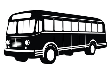 A black and white vintage bus with visible seats travels towards the viewer
