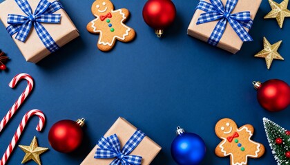 Top-down Christmas arrangement on navy blue backdrop with gift boxes, gingerbread men, baubles, candy canes and decorative stars, perfect for holiday greeting cards, ads and winter celebrations.