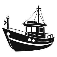 A black fishing vessel silhouette displays nautical equipment details on a white background