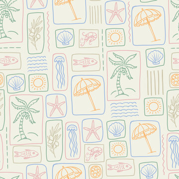 Square summer vector seamless pattern tropical beach elements palm umbrella fish sun waves