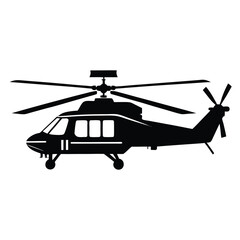 A black helicopter's silhouette shows its iconic rotor blades and landing gear