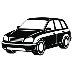 A bold silhouette shows a black vehicle with crisp white detailing on a white background