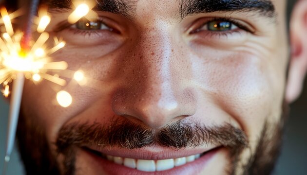 Close-up of a smiling man holding a sparkler celebrating with joy and light.
