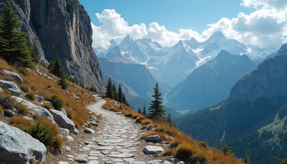 Stone path winds uphill toward snowy mountain peaks under blue sky with clouds. Grassy slopes dotted with evergreen trees lead down into deep valley. Rocky terrain on mountain edge overlooks natural