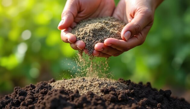 Hands pour granular fertilizer onto dark soil in garden or farm field. Person applies plant food for healthy crop growth and better harvest. Nature, agriculture, farming.