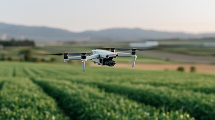 A drone flying above expansive farmland capturing real-time aerial imagery of crop health, irrigation lines, and field boundaries &mdash; agri-tech innovation, farm mapping, and data-driven agricultural