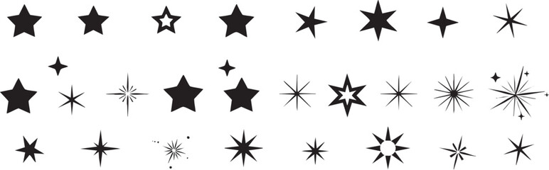 Various star shapes and forms in simple black design element shapes