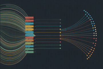 Data visualization showing information flow with connected lines and nodes for data analysis and presentation purposes.