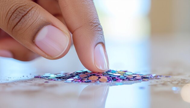 Close-up of a persons finger touching a pile of colorful glitter on a light surface.
