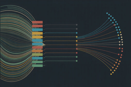 Data visualization showing information flow with connected lines and nodes for data analysis and presentation purposes. - Powered by Adobe