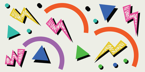 A vibrant retro design featuring geometric shapes and lightning bolts on a cream colored background