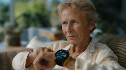 A senior adult at home checking vital signs with a non-invasive smartwatch health monitor, colorful graphs glowing on the screen — wearable health tech, remote monitoring, and aging with