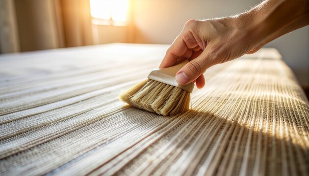 Hand applying wood stain with a brush on a wooden surface during home renovation.