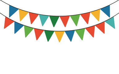 Obraz premium Two strings of colorful triangular pennant banner flags hanging on a white background illustration