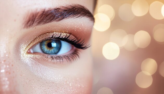 Close-up of a beautiful blue eye with glitter makeup and bokeh lights. - Powered by Adobe