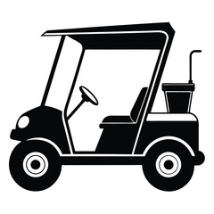 A solitary black golf cart stands isolated with simple design elements and classic monochrome scheme