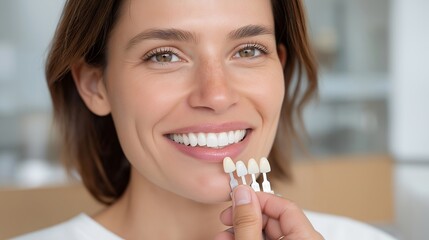 A dental hygienist holding a shade guide against a patient’s teeth to match enamel tone before whitening treatment, soft ring-light illumination adding clarity — cosmetic dentistry, enamel shade