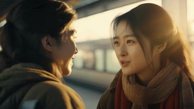 A heartwarming scene of two friends sharing a warm smile and an affectionate moment at a train station.