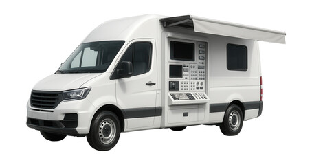 Mobile diagnostic lab featuring side control panel and retractable awning.