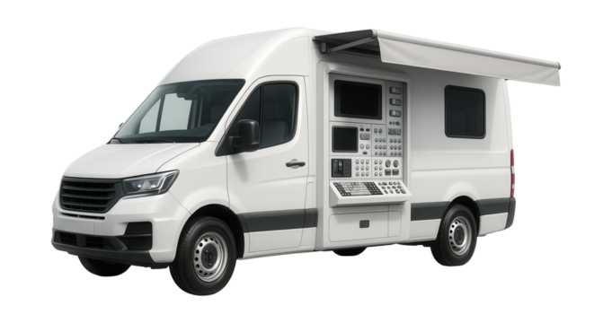 Mobile diagnostic lab featuring side control panel and retractable awning.