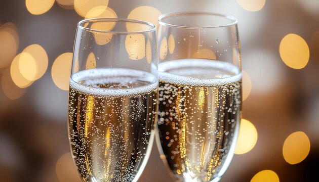 Two elegant champagne flutes filled with sparkling wine against a backdrop of festive golden bokeh lights celebrating a special occasion. - Powered by Adobe