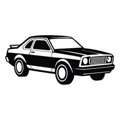 A stylish, black and white illustration features the silhouette of a classic twodoor car