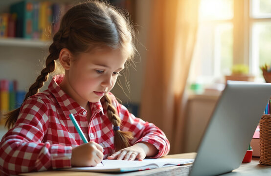 Young girl with pigtails focused on studying at home. She writes in notebook while using laptop during online lesson. Education concept back to school and distant learning.