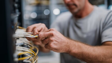 A close-up of a technician’s hands sorting color-coded ethernet cables inside a server rack, cable combs keeping everything perfectly aligned — cable management, IT maintenance, and professional
