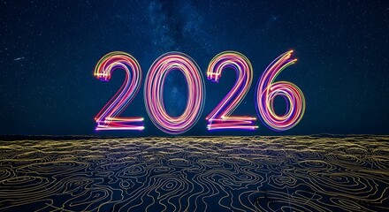 Colorful light painting of 2026 on digital landscape at night