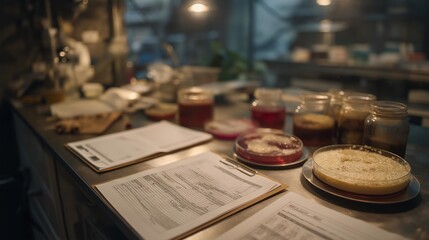 Fototapeta premium A team of researchers comparing bacteria cultures exposed to different environmental conditions, charts and data sheets spread across a stainless-steel bench — experimental variables, controlled