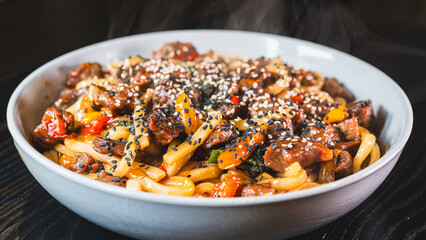 Smoking hot beef udon with broccoli, onions, and bell peppers in a beautiful bowl. Rich broth, fresh vegetables, perfect for Japanese cuisine lovers.