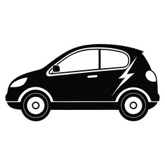 An isolated black and white electric car icon has a simple lightning graphic