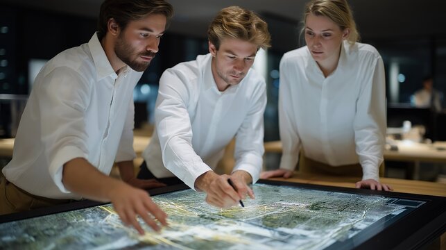 A team of architects reviewing a load distribution diagram on a large touchscreen table, discussing how weight flows through columns and load-bearing walls in a sustainable high-rise design — - Powered by Adobe