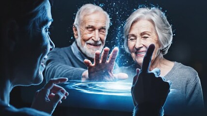 Elderly couple connecting virtually with a person through futuristic technology and digital interface showcasing virtual reality communication and future innovations - Powered by Adobe
