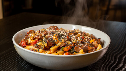 Smoking hot beef udon with broccoli, onions, and bell peppers in a beautiful bowl. Rich broth, fresh vegetables, perfect for Japanese cuisine lovers.