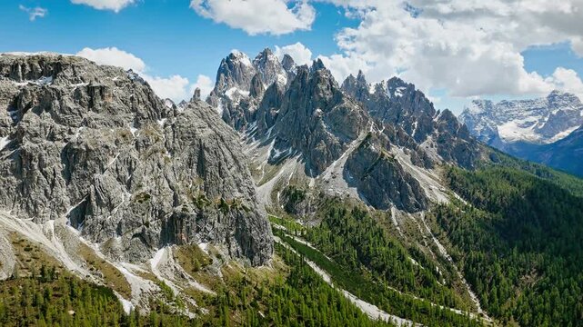 Aerial drone view of Rocky peaks of the Sexten Dolomites. Alpine landscape of South Tyrol, Northern Italy