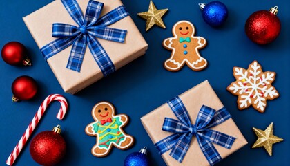 Cheerful Christmas design on a deep blue surface with wrapped gifts, gingerbread cookies, snowflake cookies, candy canes, red and blue ornaments and stars creating a joyful festive atmosphere.
