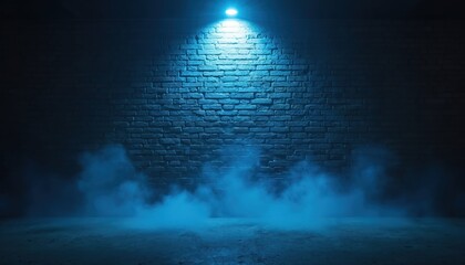 Blue spotlight illuminates textured brick wall. Smoke fog covers concrete floor. Empty grungy urban space creates moody mysterious atmosphere. Stage background for events night street scene.