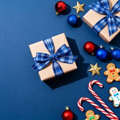 Top-down Christmas composition with kraft gift boxes tied in blue plaid ribbon surrounded by red and blue baubles, candy canes, gingerbread cookies and golden stars on a deep blue holiday background.